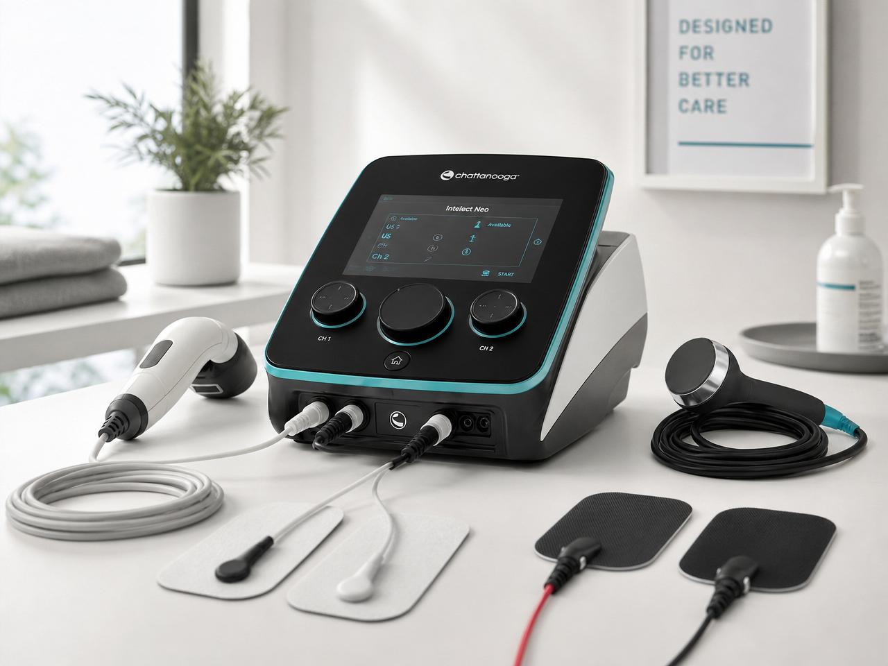 Modernes Elektrotherapiegerät mit Elektroden im Behandlungsraum